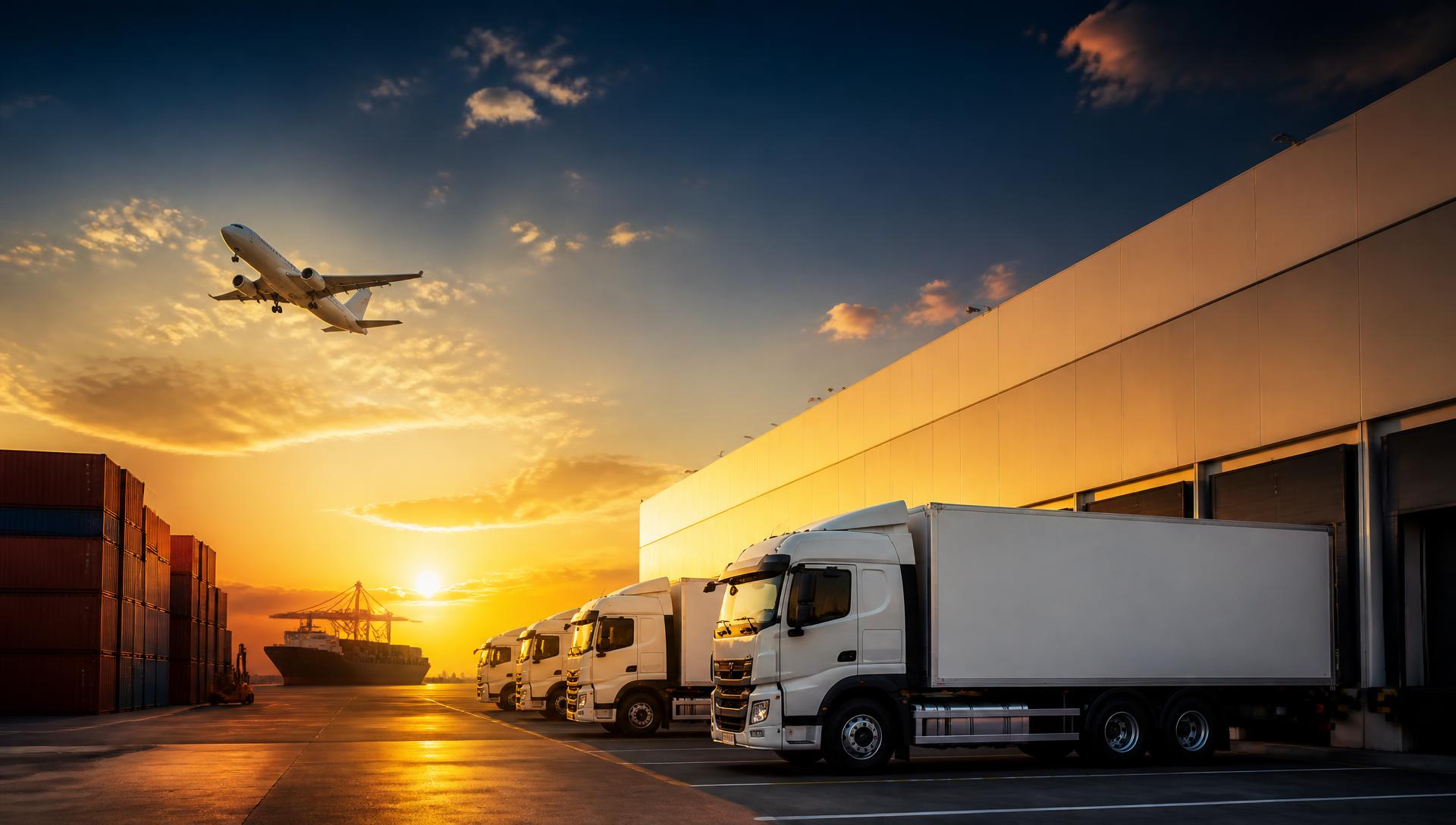 TransExpress cargo trucks at a distribution center at dawn